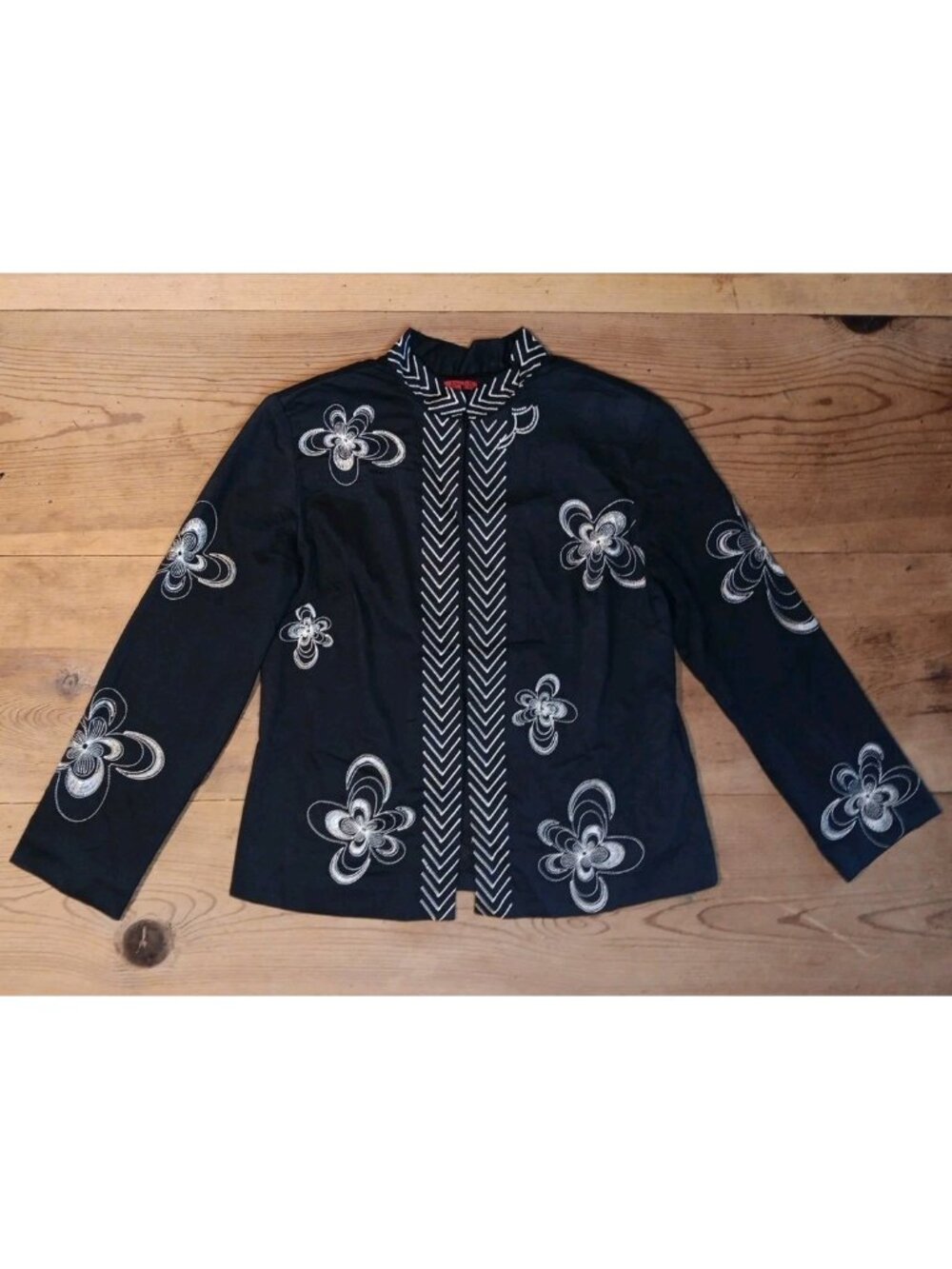 Vtg Joni B Women L Jacket Retro Floral Embroidery Black Office Career Cotton